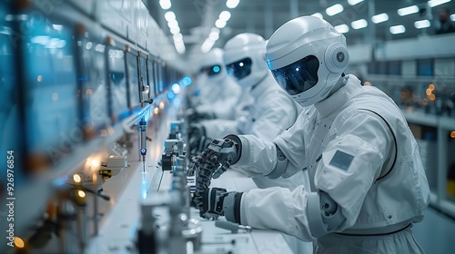 Wallpaper Mural Future Technology: Engineers Testing New Materials in High-Tech Lab with Robotic Assistants (upper two-thirds blank for text) Torontodigital.ca