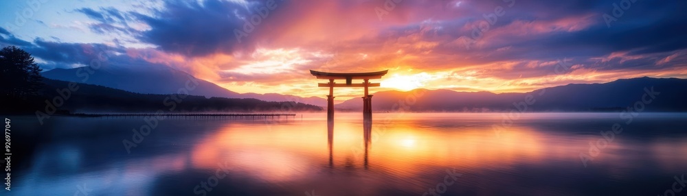 Traditional Japanese Torii gate at sunset over a calm lake. Traditional Japanese Torii gate at sunset over a calm lake.