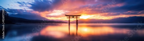 Traditional Japanese Torii gate at sunset over a calm lake.