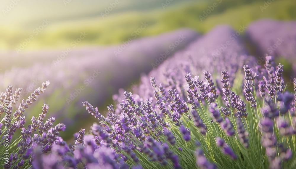 Obraz premium Close-up of purple lavender flowers blooming in a field.