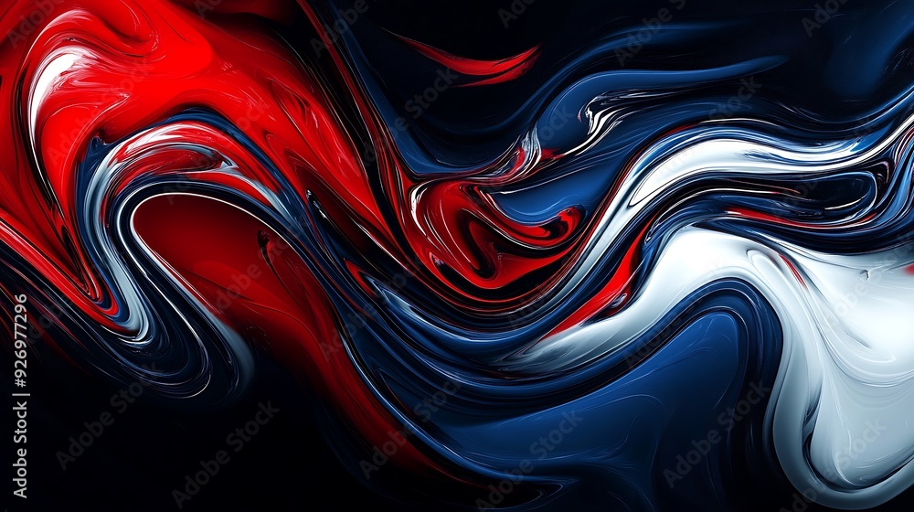 Fototapeta premium Abstract swirling red, white and blue liquid with black background.