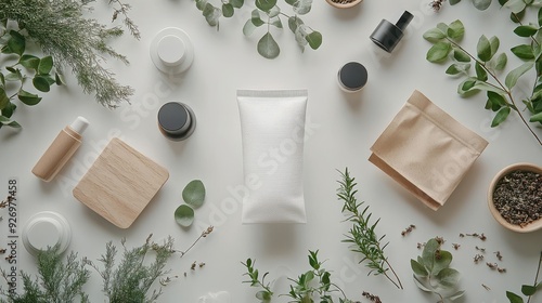 Detailed view of skincare cosmetics with herbal bags on a white surface