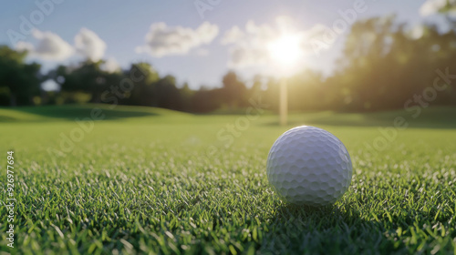 The golf ball is on a green lawn in a beautiful golf course with morning sunshine.