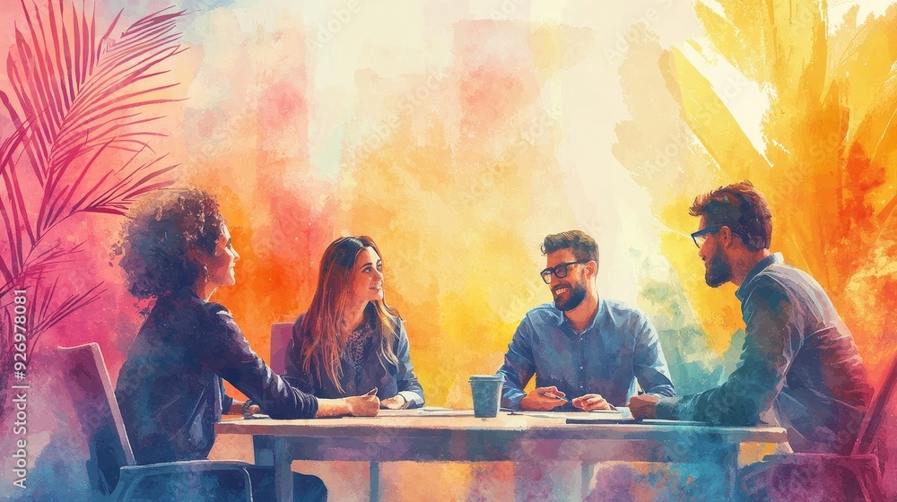 Fototapeta premium Watercolor background with team members in deep discussion during a meeting.
