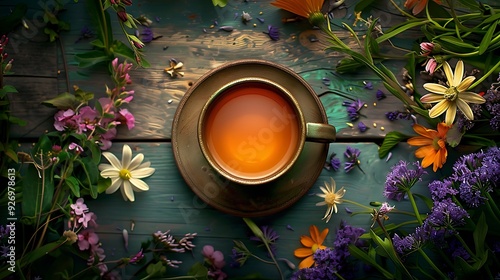 Upper view shot of a rustic ceramic cup of herbal tea surrouned by spring flowers photo