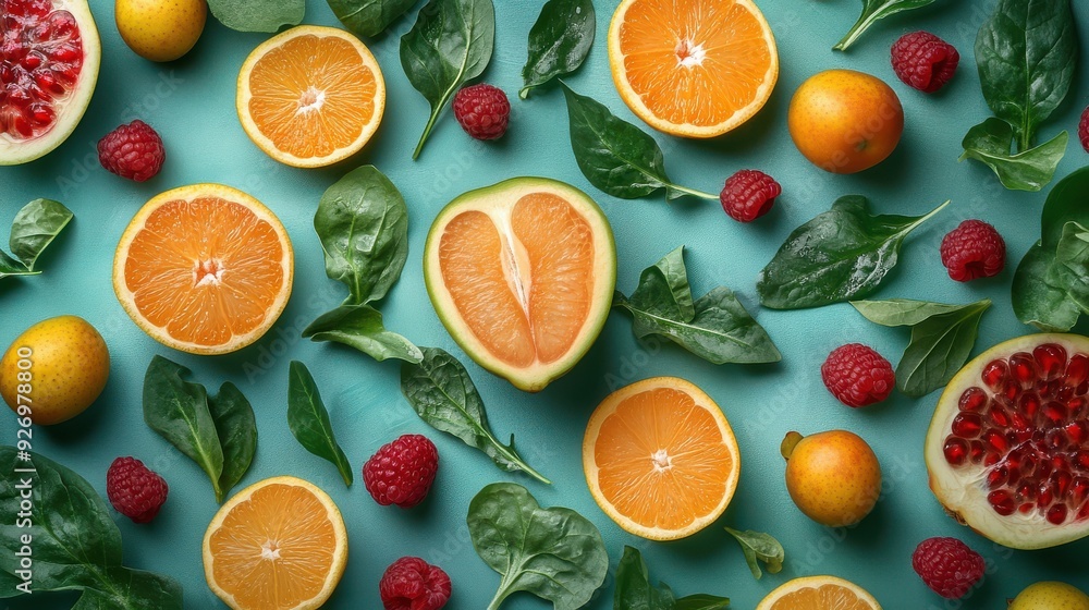 Fresh fruits and greens arranged for a healthy background Fresh fruits and greens arranged for a healthy background