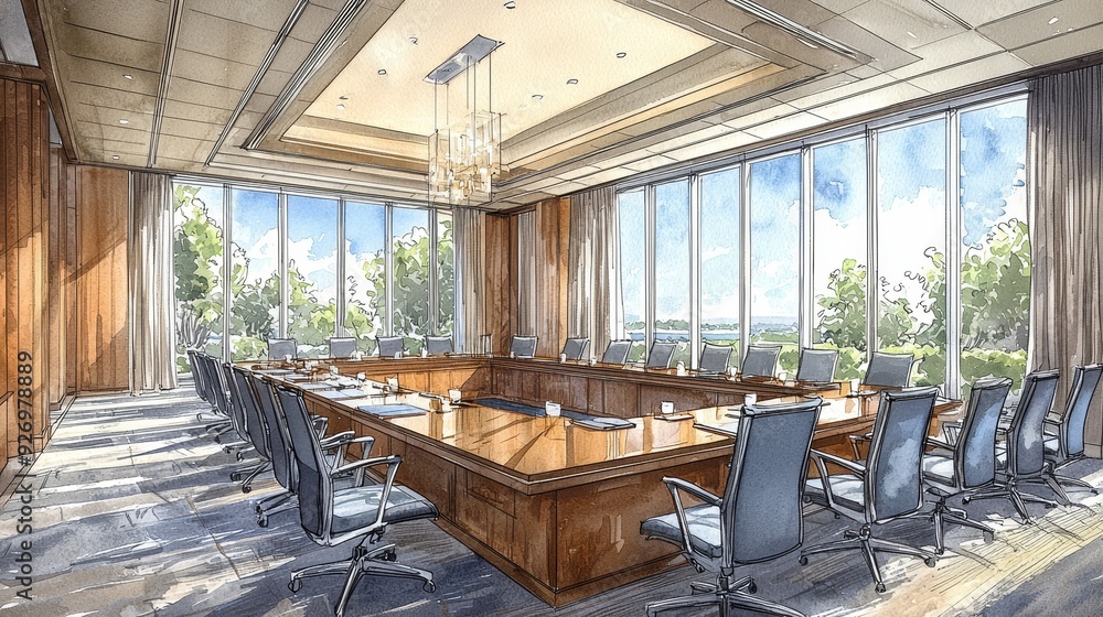 Watercolor rendering of a meeting room with large windows and natural light. Watercolor rendering of a meeting room with large windows and natural light.