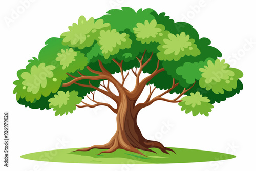 Lush Green Tree with Thick Trunk and Spreading Branches