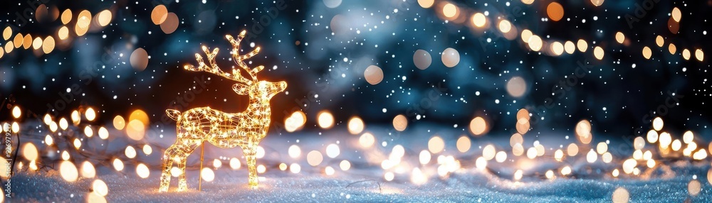Fototapeta premium Reindeer silhouette lit up with Christmas lights, snowy night background