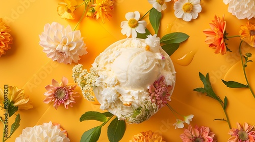 Vanillaice cream arrangement with flowers on yellow and orange background photo