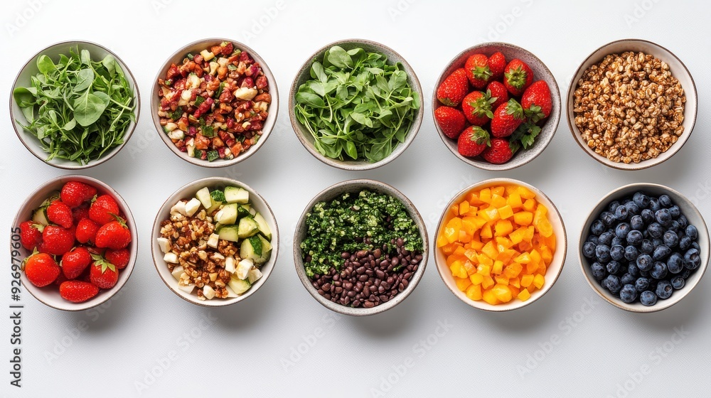 Healthy meal spread on a simple white background for clear focus Healthy meal spread on a simple white background for clear focus