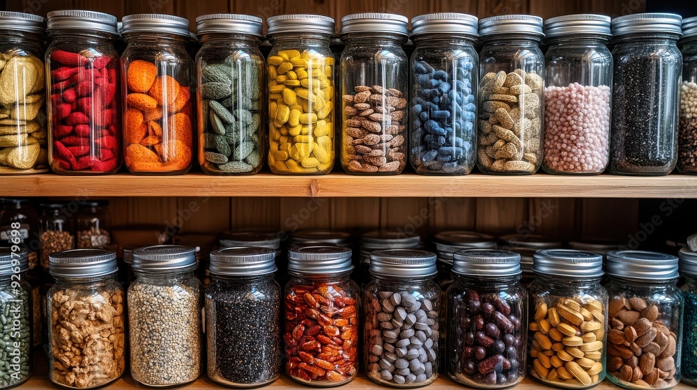 Healthy snacks and supplements neatly arranged on shelves Healthy snacks and supplements neatly arranged on shelves