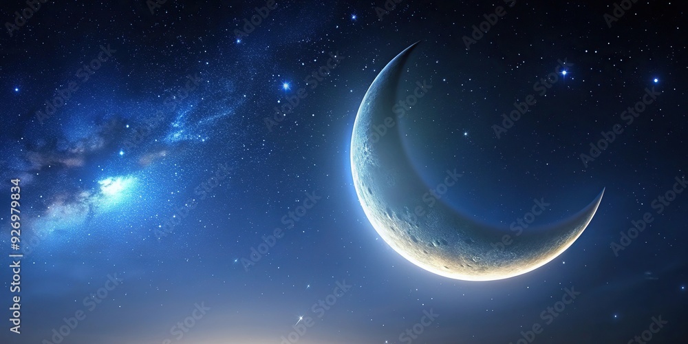Crescent moon shining in the night sky with minimalist aesthetic, glowing, space exploration, lunar, calmness, tranquil, dark, celestial, celestial body, peaceful, astronomy, harmony Crescent moon shining in the night sky with minimalist aesthetic, glowing, space exploration, lunar, calmness, tranquil, dark, celestial, celestial body, peaceful, astronomy, harmony