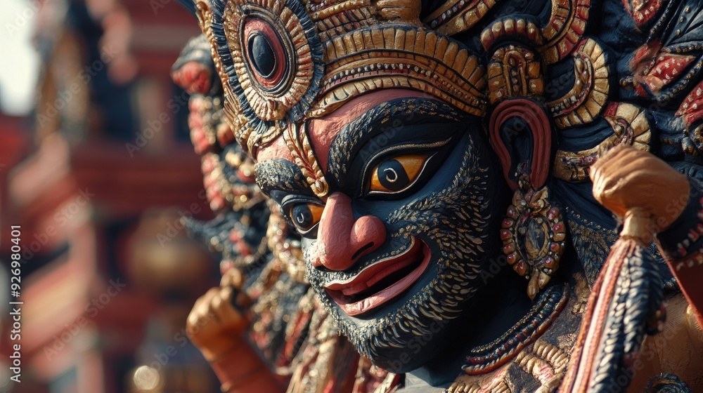Fototapeta premium A close-up of an intricately designed Ravana effigy, ready for the Dussehra celebrations, highlighting the artistry and cultural significance of the festival.