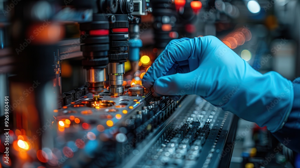 Precision at Work: Technician's Gloved Hand Adjusting Small Component in Detail on Plain Background for Copyspace Placement. Precision at Work: Technician's Gloved Hand Adjusting Small Component in Detail on Plain Background for Copyspace Placement.