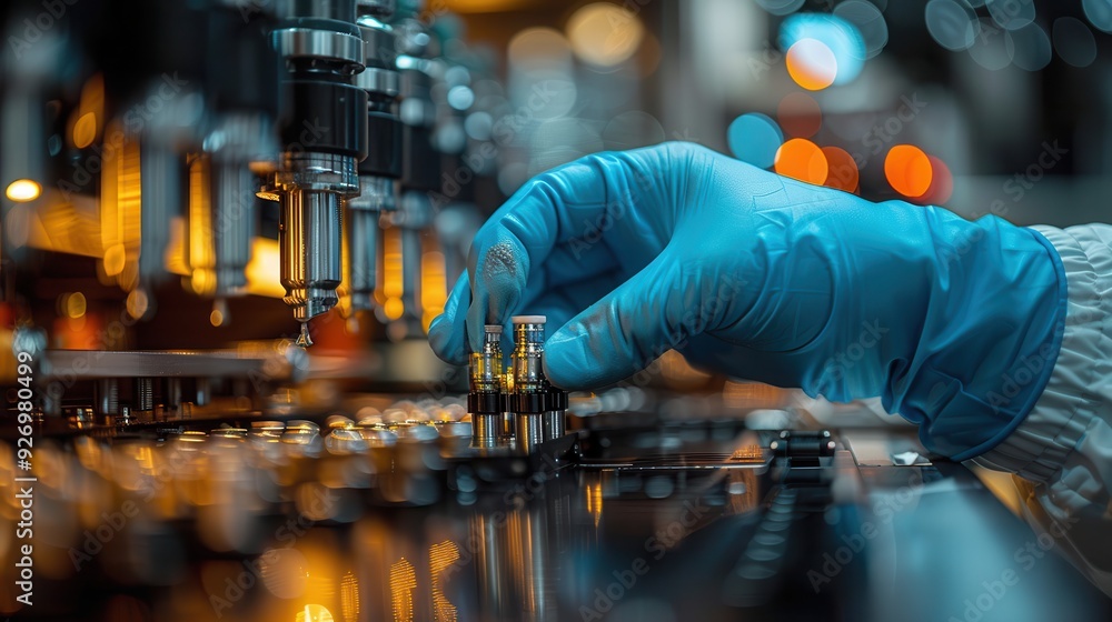 Precision Technician at Work - Close-up of Gloved Hand Adjusting Small Component with Copy Space Below Precision Technician at Work - Close-up of Gloved Hand Adjusting Small Component with Copy Space Below
