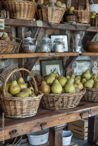 Wallpaper Mural  Ripe pears in baskets with vintage decor at rustic kitchen warehouse Torontodigital.ca