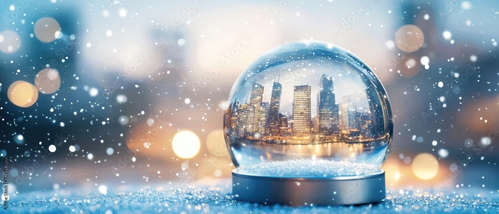 Snow globe with city skyline inside, snowy winter background. Snow globe with city skyline inside, snowy winter background.