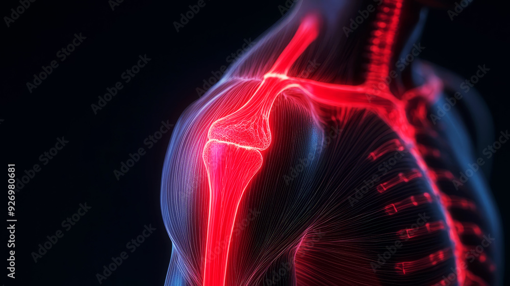 Shoulder with glowing red tendons, showing pain, physiotherapy concept, detailed anatomy, dark background, focused illumination Shoulder with glowing red tendons, showing pain, physiotherapy concept, detailed anatomy, dark background, focused illumination