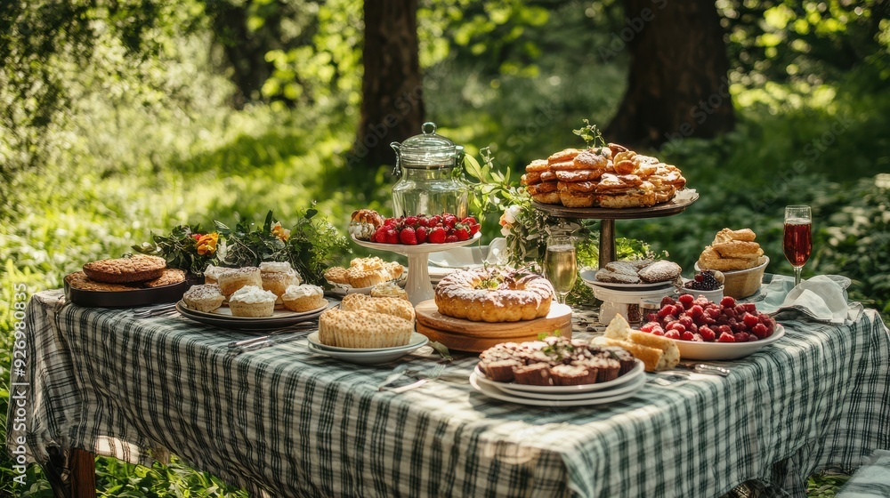 Picnic table set with delicious homemade treats Picnic table set with delicious homemade treats
