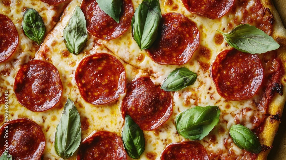 A deliciously detailed view of a freshly baked pepperoni pizza, with gooey mozzarella and crisp basil leaves, capturing the perfect slice of savory goodness. A deliciously detailed view of a freshly baked pepperoni pizza, with gooey mozzarella and crisp basil leaves, capturing the perfect slice of savory goodness.