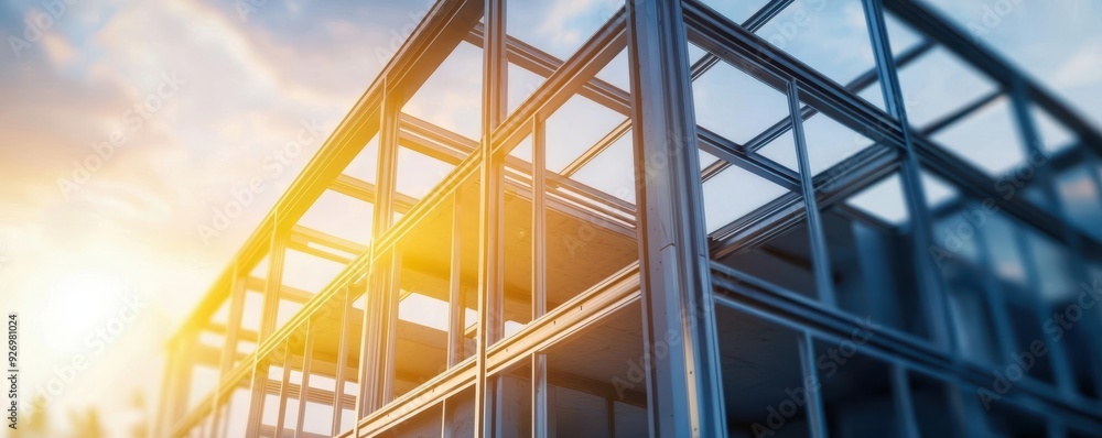 Sunlight shines through the glass facade of a modern building. Sunlight shines through the glass facade of a modern building.