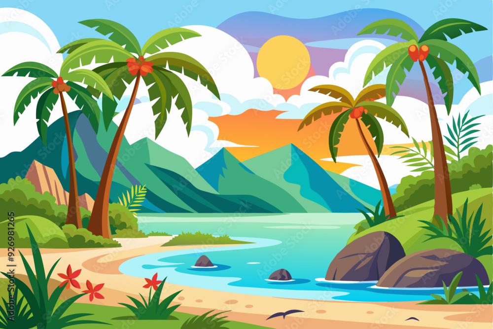 Palm Trees and Mountains by a Coastal Lagoon Palm Trees and Mountains by a Coastal Lagoon