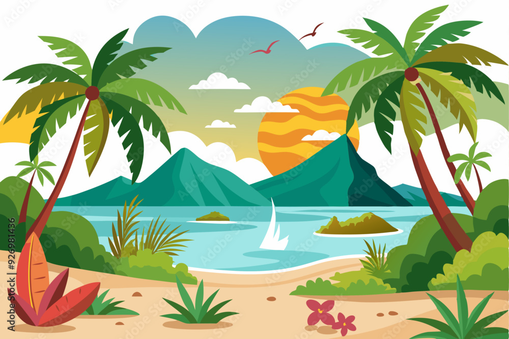 Obraz premium Tropical Beach Landscape with Palm Trees and Sunset