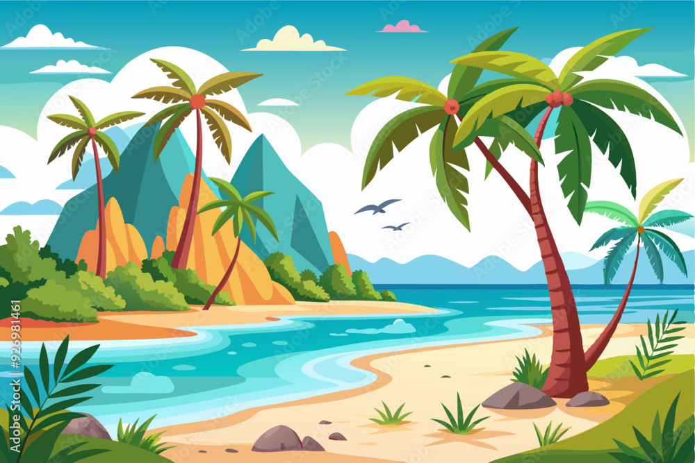 Obraz premium Tropical Beach Scene with Palm Trees and Mountains