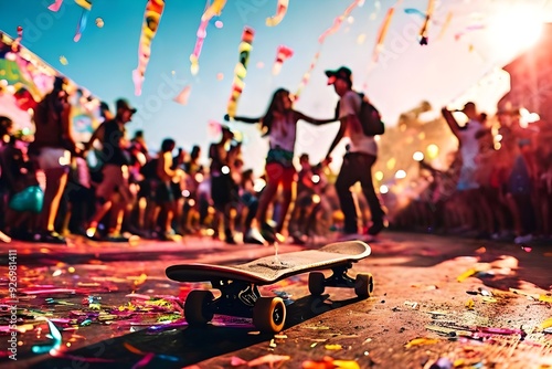 A skateboard set against a vibrant, blurred festival background, capturing the creative spirit and high-energy vibe of skate culture and events. - Spending leisure time creatively