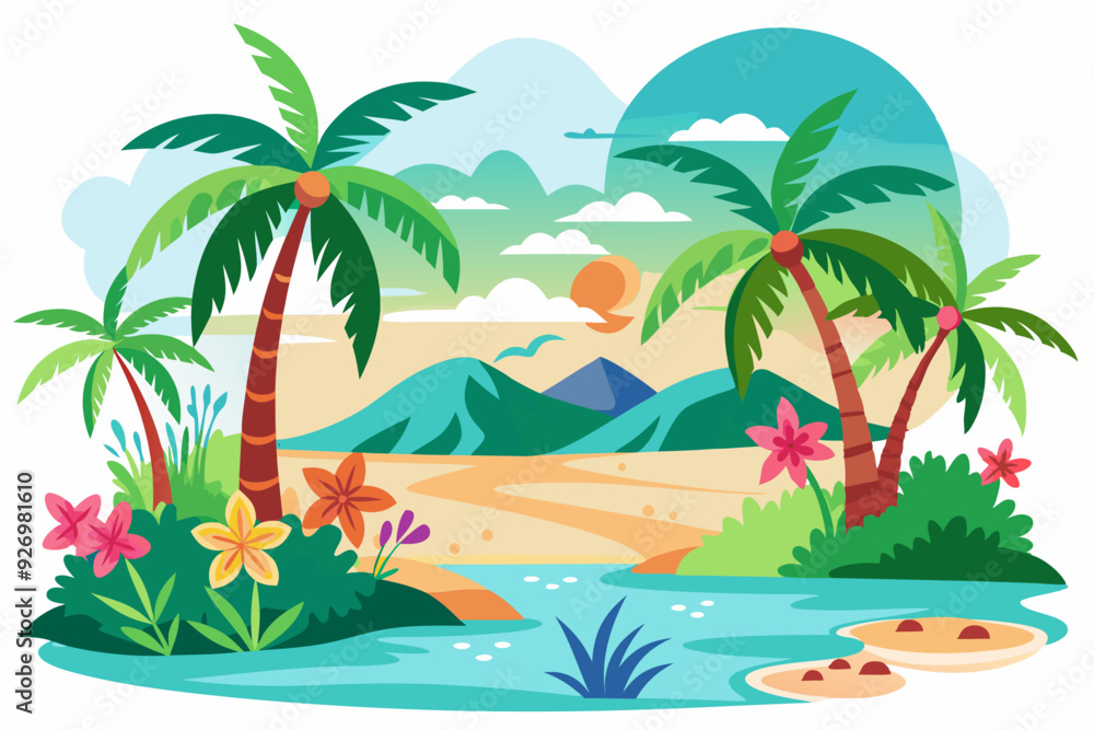 Tropical Paradise with Palm Trees, Flowers, and a River Tropical Paradise with Palm Trees, Flowers, and a River