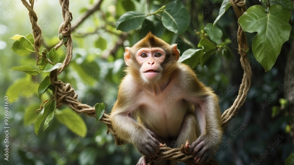Playful monkey swinging from a vine, tropical jungle, mischievous expression, Playful monkey swinging from a vine, tropical jungle, mischievous expression,