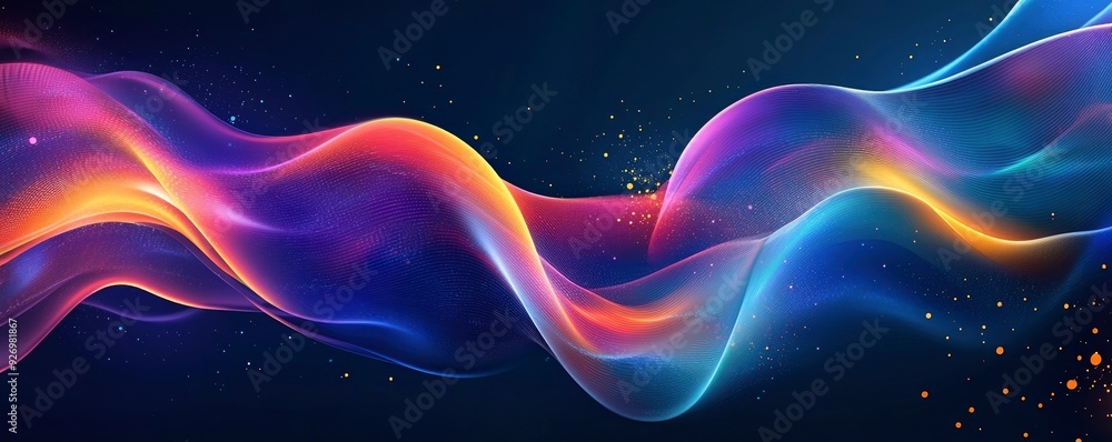 An image of blue, pink and yellow colored glowing waves against a dark blue background. An image of blue, pink and yellow colored glowing waves against a dark blue background.