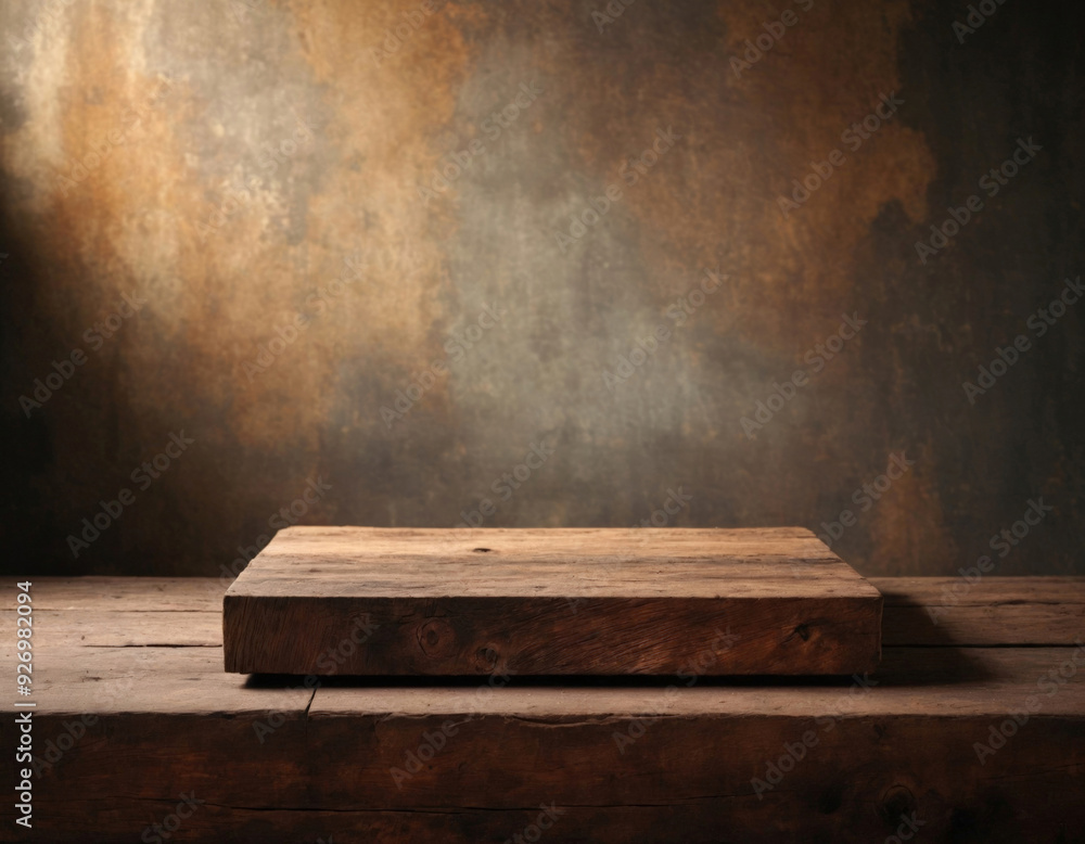 Rectangular Wooden Pedestal for Product Display Against Sunlit Concrete Wall Rectangular Wooden Pedestal for Product Display Against Sunlit Concrete Wall