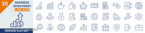 Investment line icon set. Set of 21 outline icons related to investment, investor, asset, risk management, trader, economy, financial gain, mutual fund and others. Editable stroke. Vector illustration