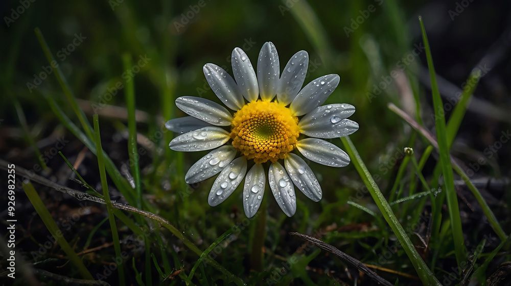A tiny yellow daisy surrounded by soft, lush grass. The zoomed view highlights the flower's texture and the fine details of the pollen. A tiny yellow daisy surrounded by soft, lush grass. The zoomed view highlights the flower's texture and the fine details of the pollen.