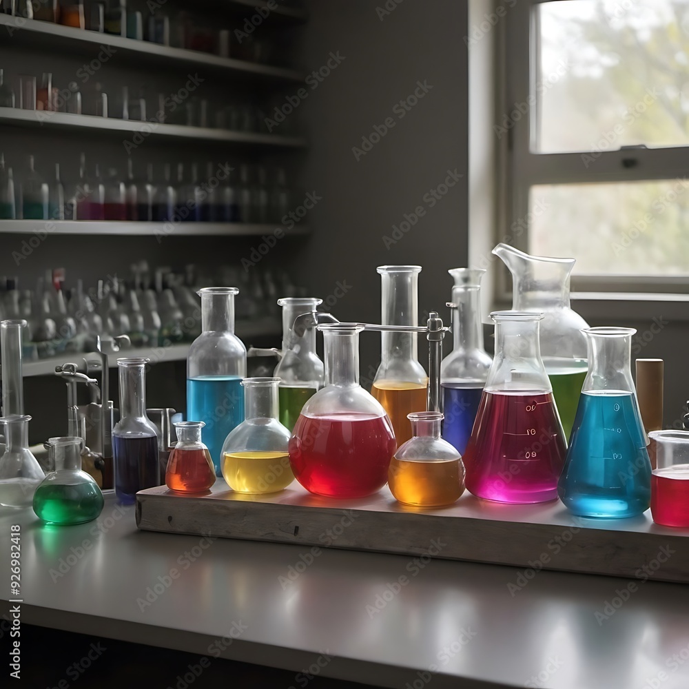 A laboratory workbench with a variety of flasks and beakers filled with colorful liquids. A laboratory workbench with a variety of flasks and beakers filled with colorful liquids.