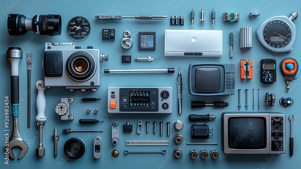 Clean Technicians Workstation with Essential Tools on Plain Background for Copy Space Clean Technicians Workstation with Essential Tools on Plain Background for Copy Space