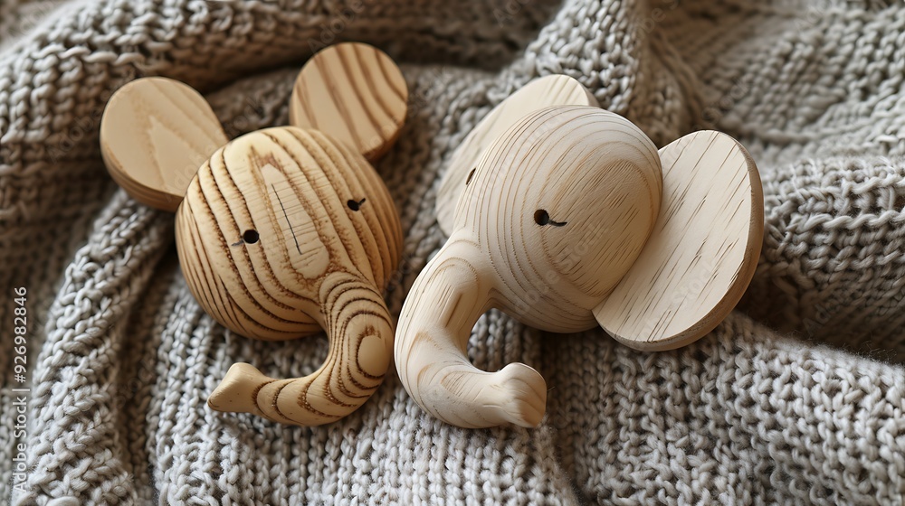 Wooden organic baby teether toys rabbit and elephant on knitted material background Wooden organic baby teether toys rabbit and elephant on knitted material background