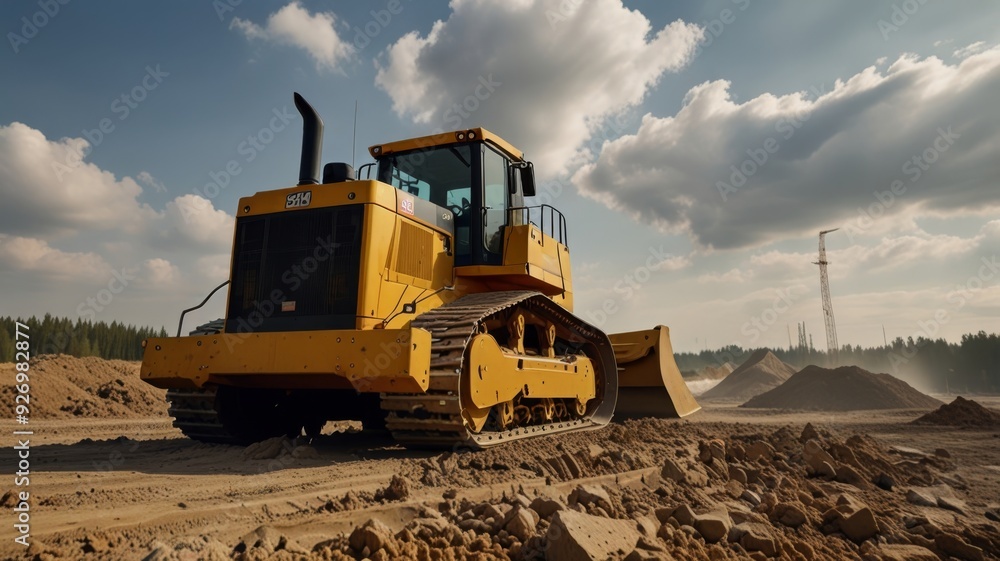 Large Yellow Bulldozer Captured from Low Angle on Construction Site Large Yellow Bulldozer Captured from Low Angle on Construction Site
