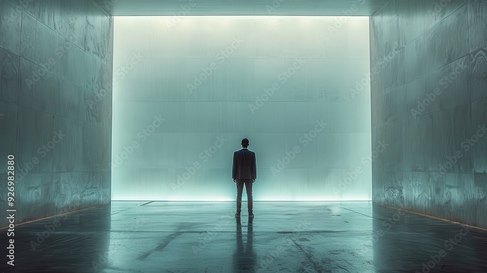 Minimalist Engineer in Empty Room Holding Laptop with Copy Space Above Minimalist Engineer in Empty Room Holding Laptop with Copy Space Above