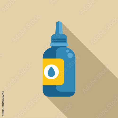 Blue ink bottle with yellow label depicting a drop of ink