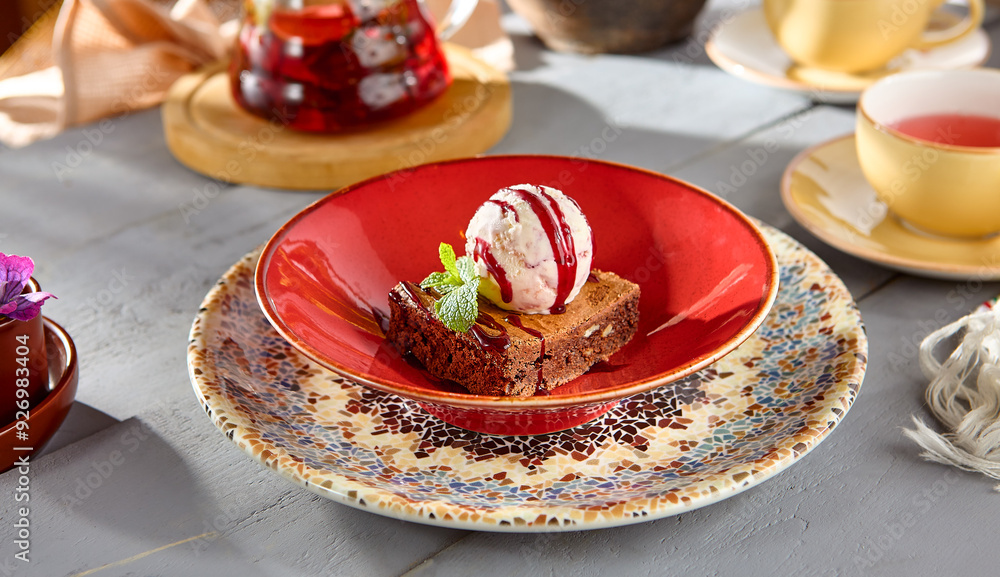 Delicious Brownie with Ice Cream Scoop on Red Plate in a Cozy Cafe Setting Delicious Brownie with Ice Cream Scoop on Red Plate in a Cozy Cafe Setting