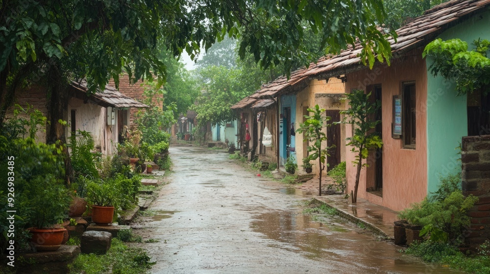 A peaceful village street in Garvajodh, India, with traditional mud houses and greenery, capturing the serene atmosphere of rural life in this Indian village. A peaceful village street in Garvajodh, India, with traditional mud houses and greenery, capturing the serene atmosphere of rural life in this Indian village.