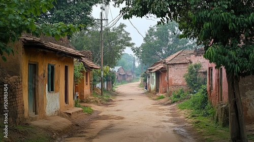 A peaceful village street in Garvajodh, India, with traditional mud houses and greenery, capturing the serene atmosphere of rural life in this Indian village.