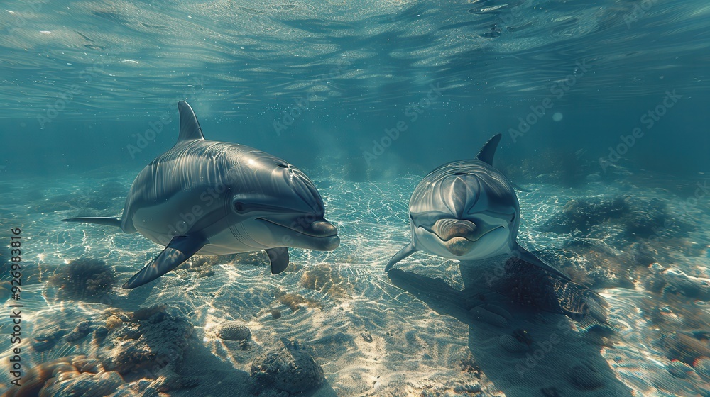 Obraz premium Harmony of the Seas: Dolphin and Shark Swimming Together in Surreal Ocean Scene
