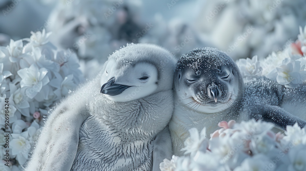 Arctic Friendship: Penguin and Seal Sharing Warmth on Ice Floe Arctic Friendship: Penguin and Seal Sharing Warmth on Ice Floe