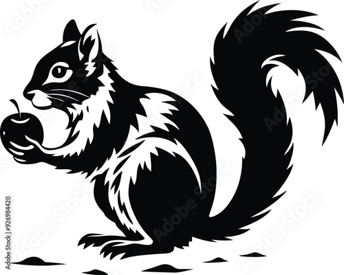 Squirrel eat fruitillustration black and white