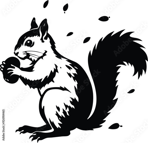 Squirrel eat fruitillustration black and white