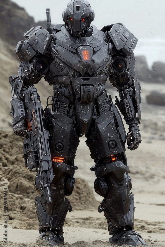 Advanced futuristic robot soldier equipped with high-tech armor and weaponry, standing on a rugged beach setting, ready for combat. Advanced futuristic robot soldier equipped with high-tech armor and weaponry, standing on a rugged beach setting, ready for combat.